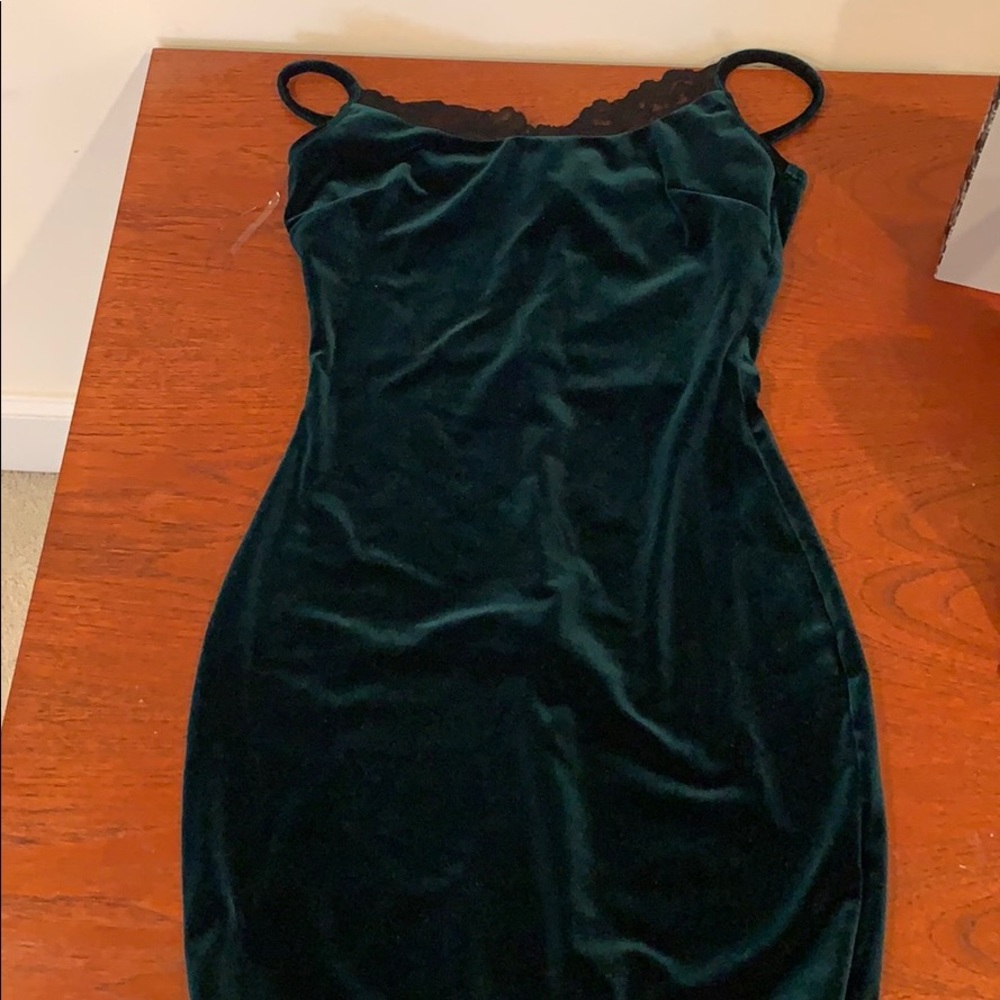 Velvet Dark Emerald Green Dress W/ Lace Detail